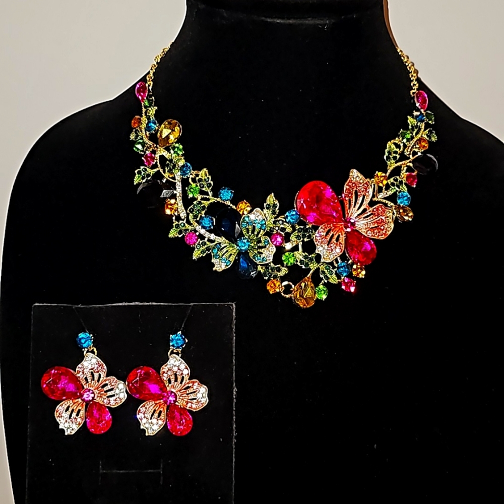 Crystal Fashion Necklace and Earrings Set Colorful